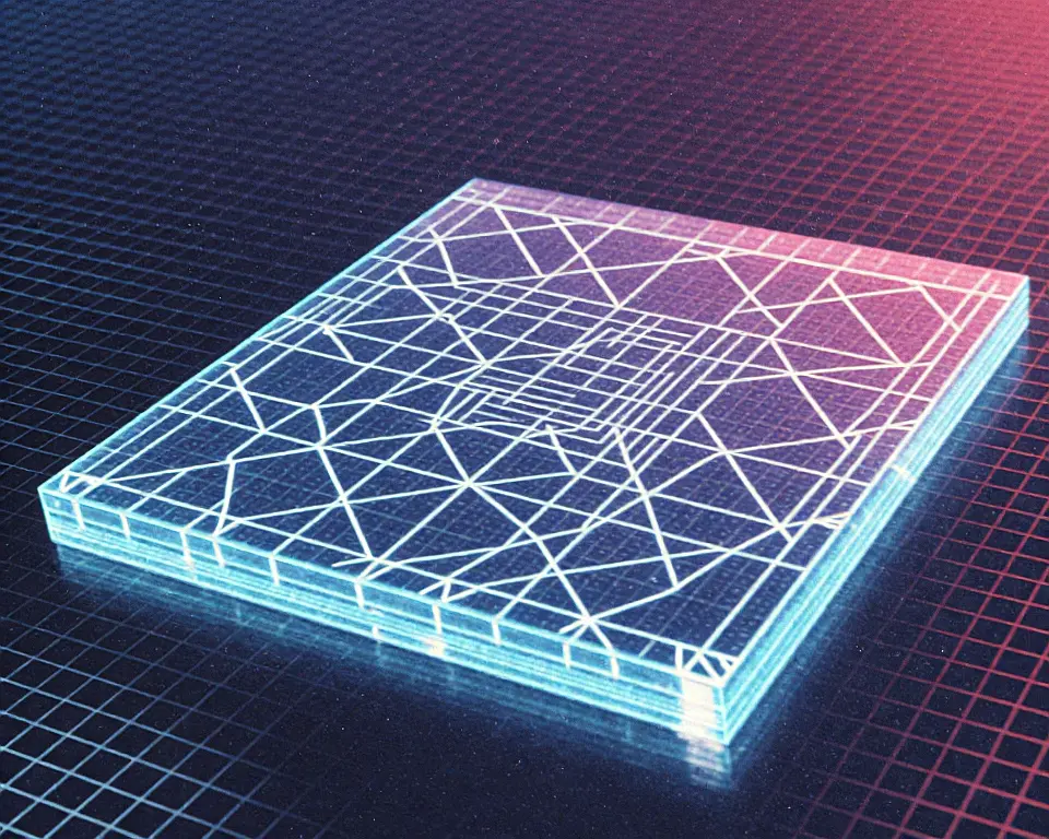 A luminous digital tile made up of intricate glowing nodes and overlapping mesh lines.