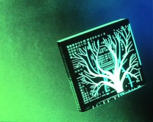 A luminous microchip with organic neural branches and extreme digital grain.