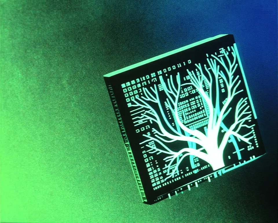 A luminous microchip with organic neural branches and extreme digital grain.