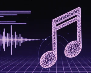 A luminous musical eighth note constructed from wireframe mesh with neon magenta edges.