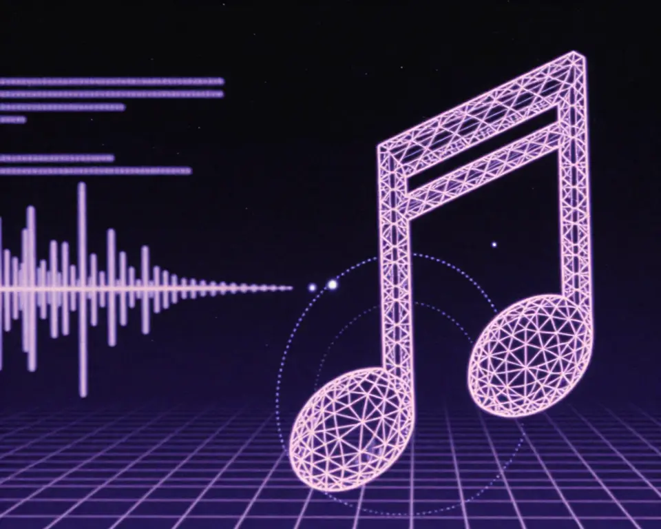 A luminous musical eighth note constructed from wireframe mesh with neon magenta edges.