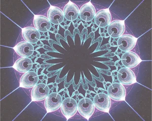 A Mandelbrot set fractal is made up of a digital wireframe angled isometric composition.