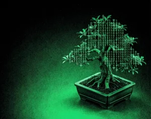 A meticulously pruned bonsai tree made up of a glowing ternary code matrix of negative one.