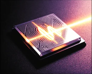 A miniature nano speaker microchip fused with frosted glass textures and glowing acoustic wave.
