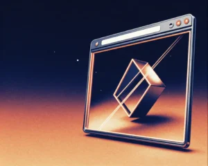 A modern web browser window of sleek metallic wireframe and highly reflective surfaces.