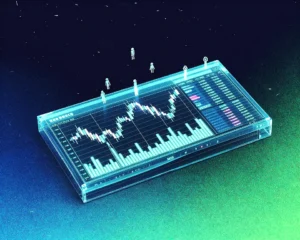 A multi-panel trading dashboard is built from translucent holographic glass layers with neon teal wireframes.