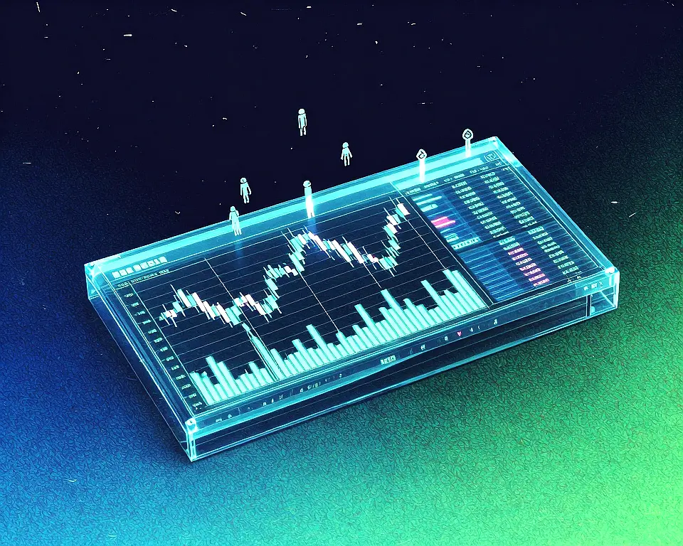 A multi-panel trading dashboard is built from translucent holographic glass layers with neon teal wireframes.
