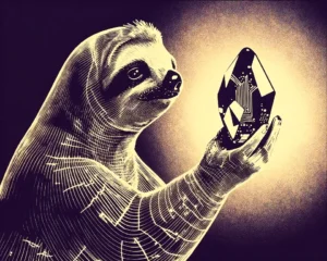 A multifaceted wireframe sloth holidng up a gemstone with tiny holographic circuitry traces visible within.