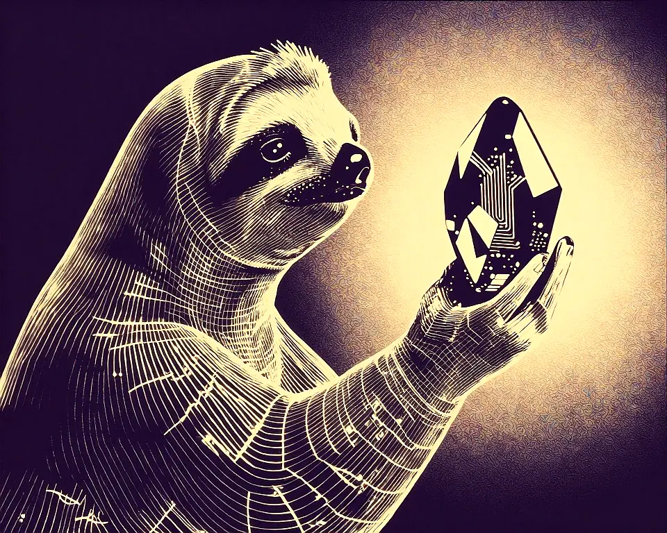 A multifaceted wireframe sloth holidng up a gemstone with tiny holographic circuitry traces visible within.