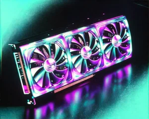 a NVIDIA RTX 2080 Ti card made up of a translucent digital wireframe and with glowing magenta and cyan.