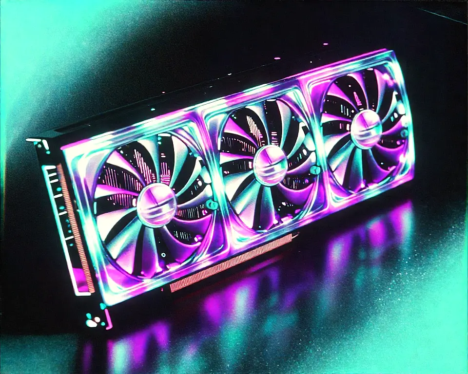 a NVIDIA RTX 2080 Ti card made up of a translucent digital wireframe and with glowing magenta and cyan.