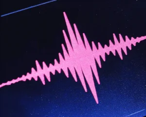 A pink sound wave oscilloscope transforming into a pixel matrix waveform.