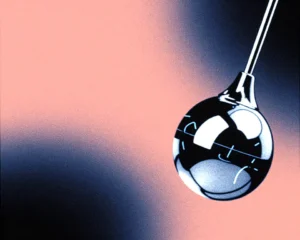 A polished chrome pendulum frozen mid-swing with hard contrast background gradients.