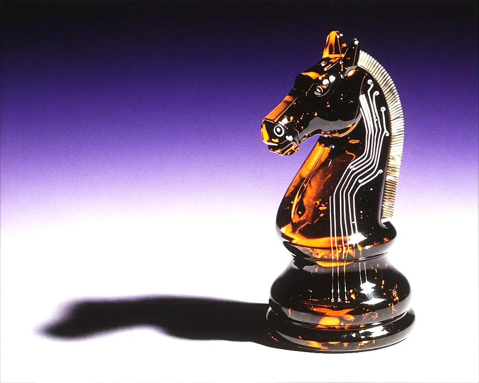 A polished obsidian chess knight piece is made up of flowing liquid metal and luminous neural circuit traces.