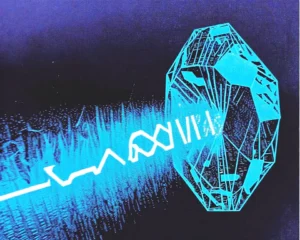 A shimmering gemstone of digital wireframe and internal facets glowing like fiber optic threads.