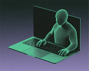 A sleek MacBook Pro with a fully rigged 3D character model emerging from its screen.