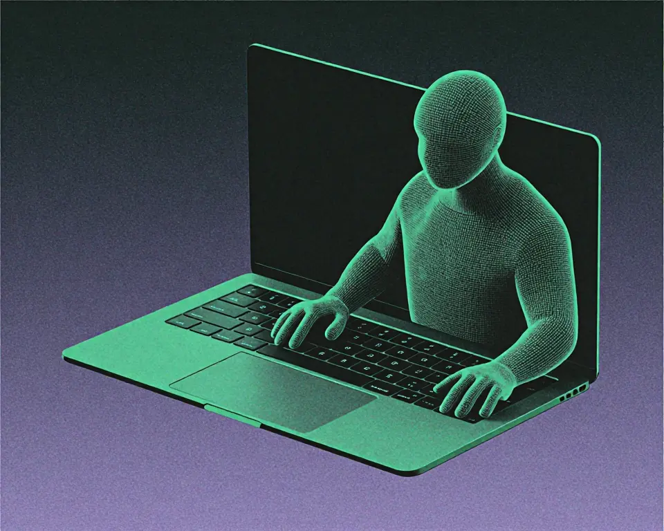 A sleek MacBook Pro with a fully rigged 3D character model emerging from its screen.