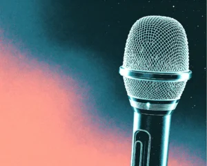 A sleek modern microphone in digital duotone with high gradient noise.