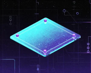 A sleek modular node panel floating in a dark void made of translucent digital glass with neon cyan wireframes.