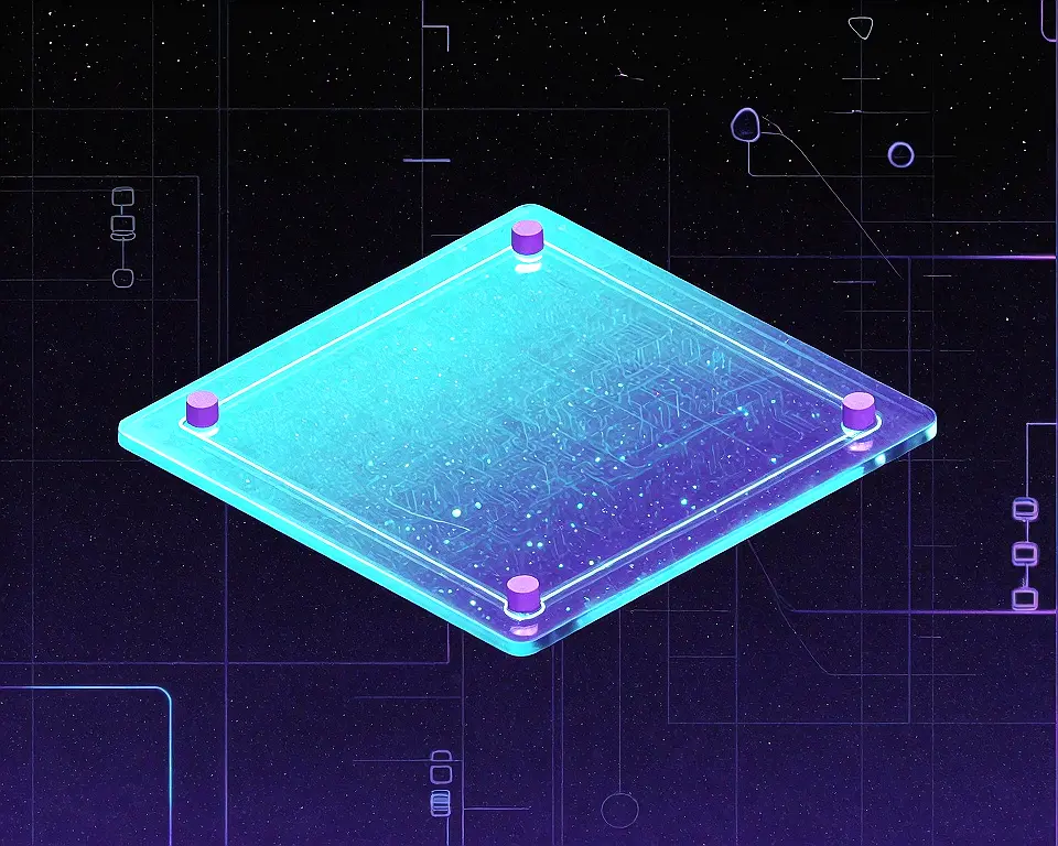 A sleek modular node panel floating in a dark void made of translucent digital glass with neon cyan wireframes.