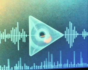A sleek play button icon interwoven with luminous sound waves and a central miniature speaker cone.