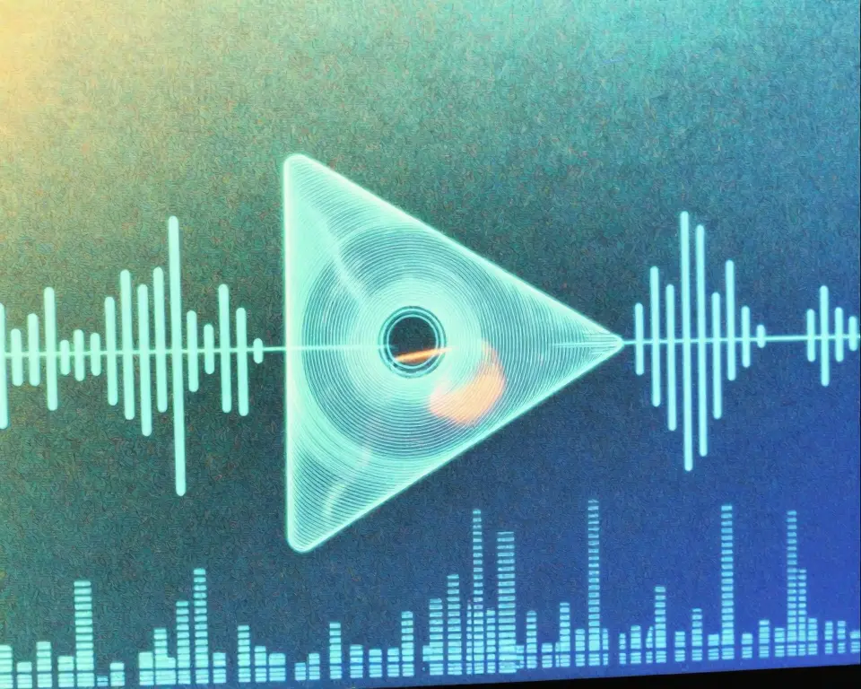 A sleek play button icon interwoven with luminous sound waves and a central miniature speaker cone.