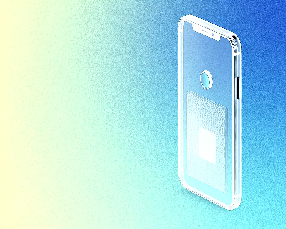 A sleek transparent smartphone of a digital wireframe and contrasting to light blues and greens.
