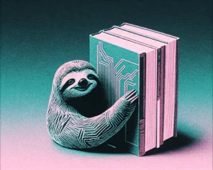A sloth emerging from behind towering stack of glowing data books.