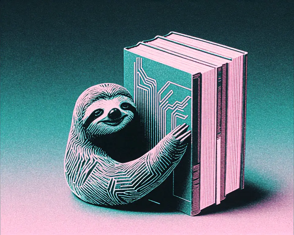 A sloth emerging from behind towering stack of glowing data books.