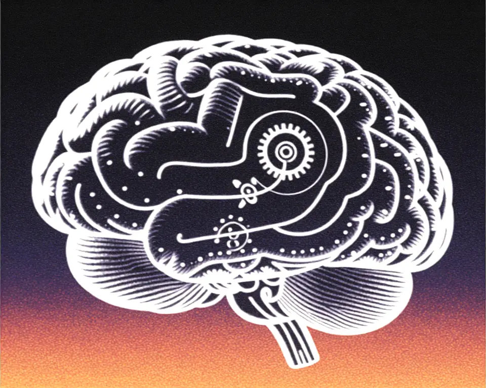 A small glowing brain neuron is made up of a transparent glass material with contrasting to bright neons.