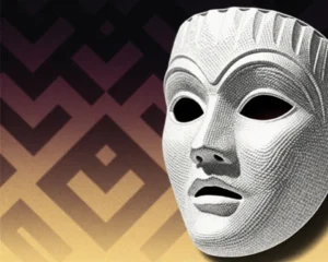 A stylized theatrical mask representing human emotion consists of translucent glass mesh material.