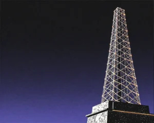 A tall communication tower made up of a crystalline glass texture with deep violet hard contrast background.