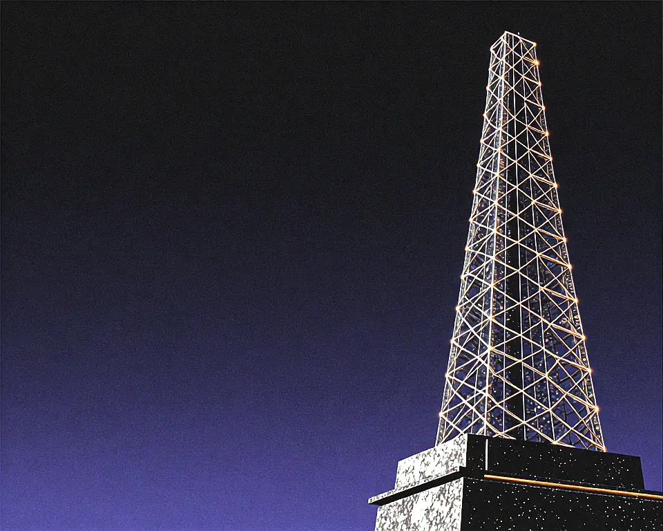 A tall communication tower made up of a crystalline glass texture with deep violet hard contrast background.