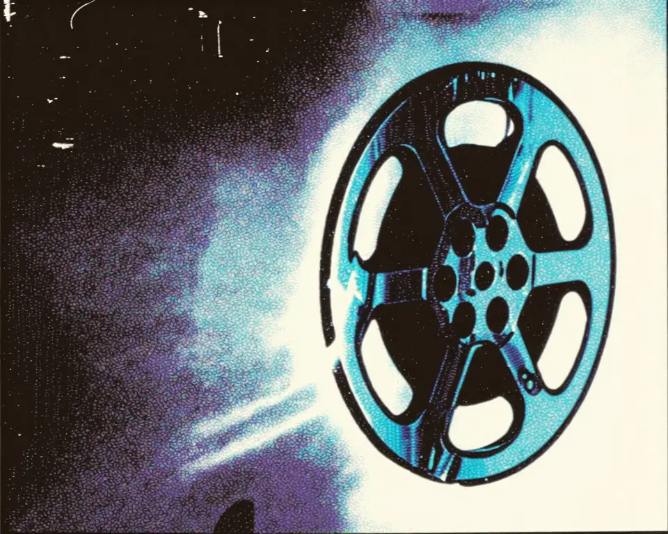 A vintage film reel angled isometric composition symbolizes old grainy footage.