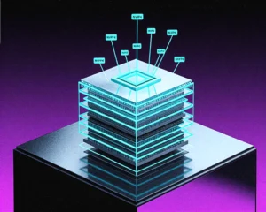An advanced GGUF quantizer core is a transparent crystalline cube with internal geometric data layers.