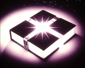 An antique storybook emitting glowing light trails with fused crushed velvet.