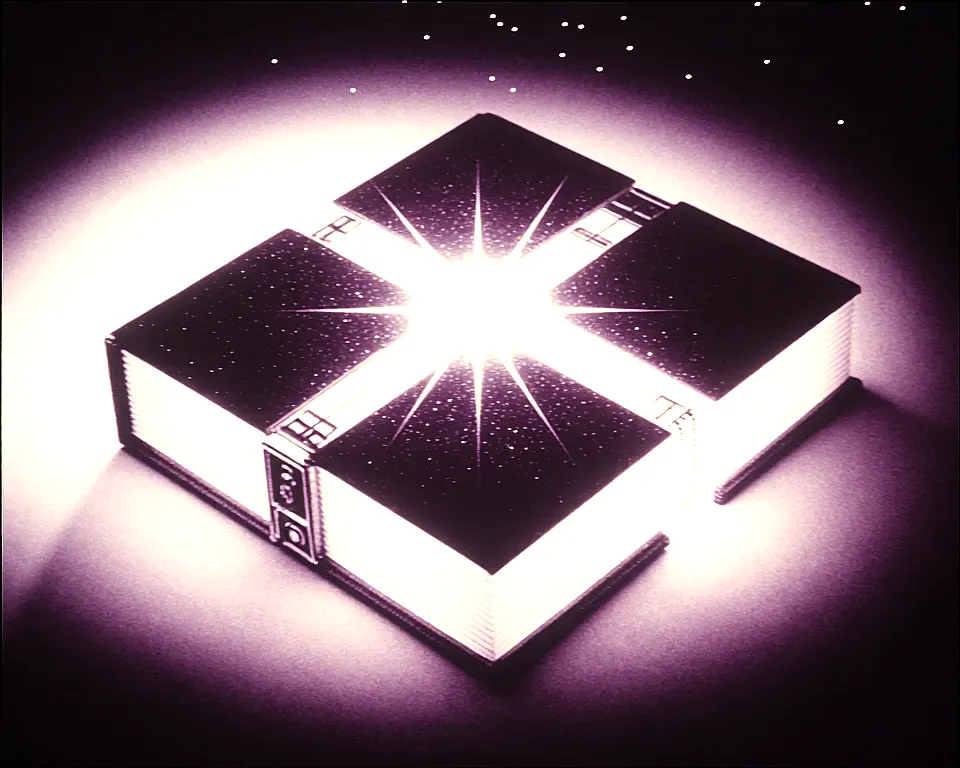An antique storybook emitting glowing light trails with fused crushed velvet.
