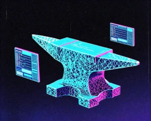 An anvil is constructed from intersecting neon wireframe geometry with glowing cyan and magenta accents.