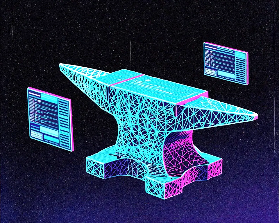 An anvil is constructed from intersecting neon wireframe geometry with glowing cyan and magenta accents.