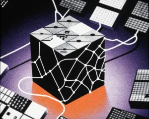 An interconnected media cube surrounded by floating abstract geometric shapes representing text and video.