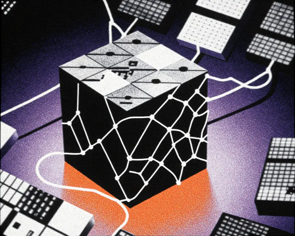 An interconnected media cube surrounded by floating abstract geometric shapes representing text and video.