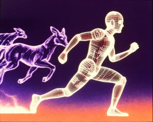 Animated character figure mid-stride featuring glowing motion trails and subtle kinetic ribbons.