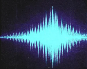 Blue colored noise frequency spectrum composed of layered digital wireframe ribbons.
