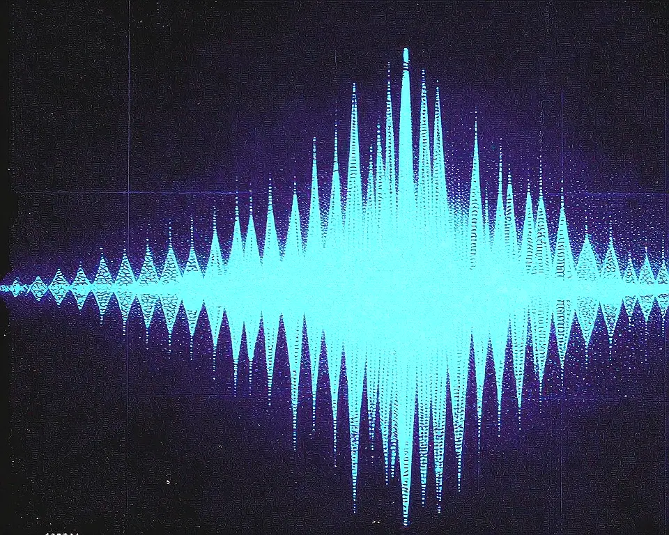 Blue colored noise frequency spectrum composed of layered digital wireframe ribbons.