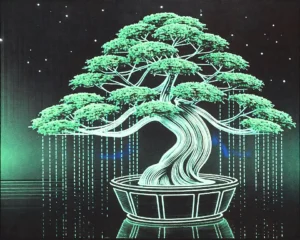 Bonsai tree consists of cascading binary digits and intricate circuit traces.