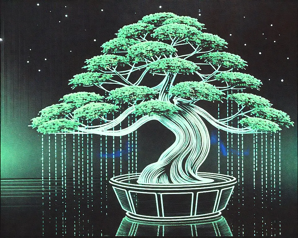 Bonsai tree consists of cascading binary digits and intricate circuit traces.