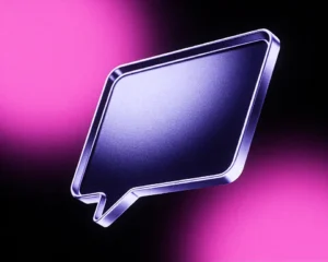 Classic chat speech bubble merged with a modern name tag with dark purple and contrasting to neon.
