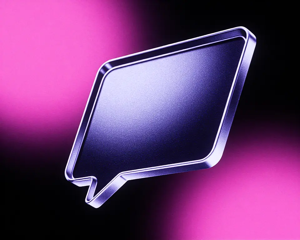 Classic chat speech bubble merged with a modern name tag with dark purple and contrasting to neon.