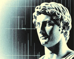 Classical marble bust placed to the right side of view.