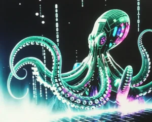 Close up object of a cybernetic octopus with tentacles morphing into cascading streams of luminous code fragments.